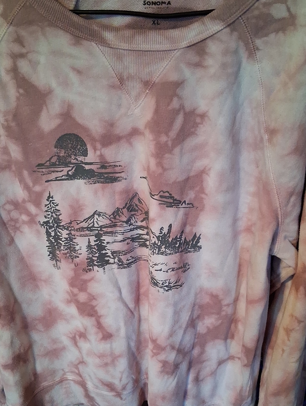 Sonoma Pink Tie-Dye Womens Sweatshirt with Mountain Graphic